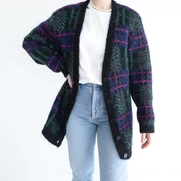 Sweaters - Vintage 90 Heritage House Navy And Pink 63% Mohair Wool Knit Button Up Sweater M